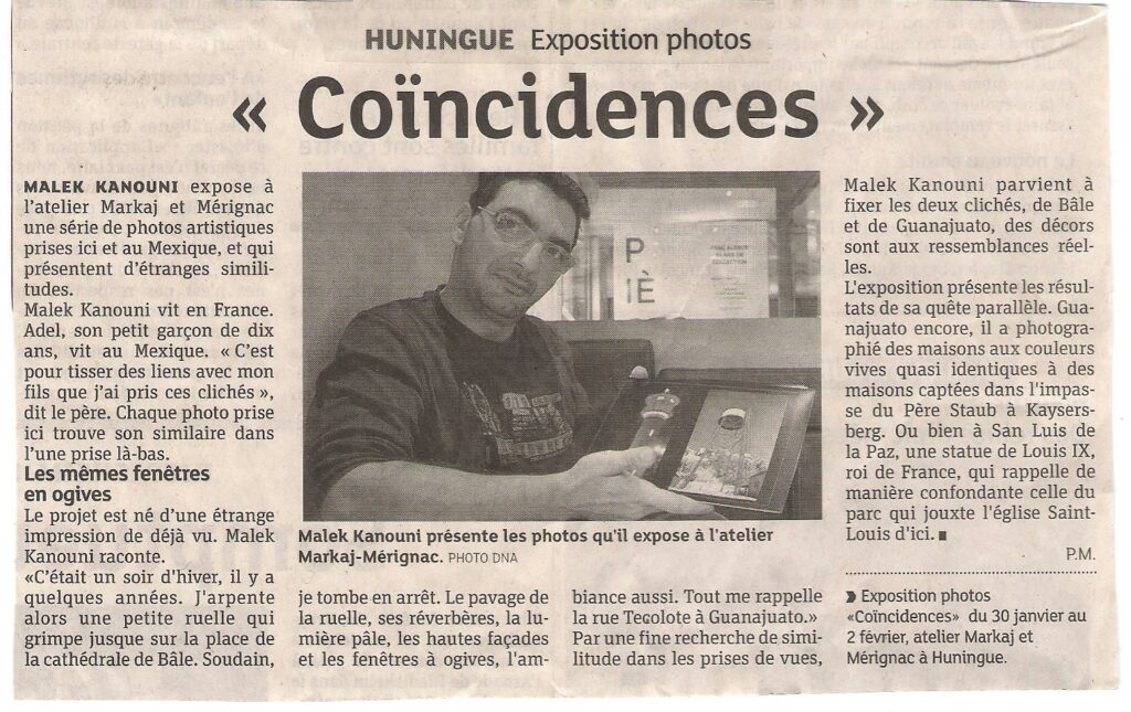 Article du journal DNA concernant l'exposition "Coïncidences" de Kanouni Malek