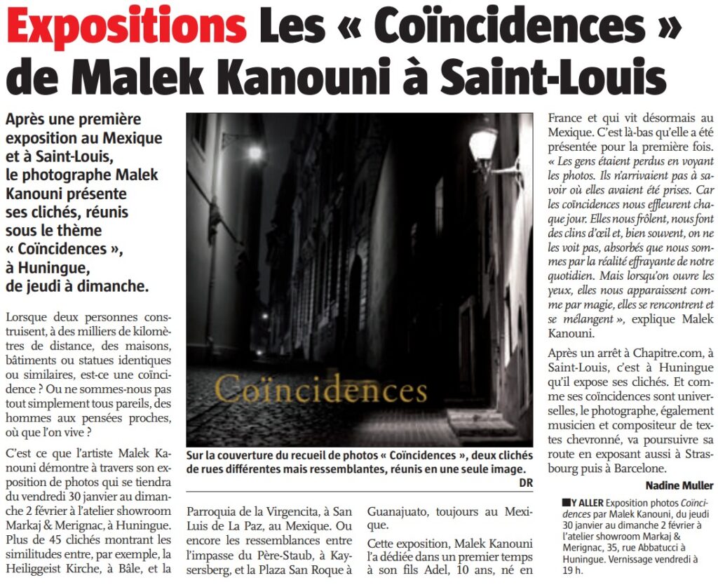 Article de Nadine Muller concernant l'exposition "Coïncidences" de Kanouni Malek