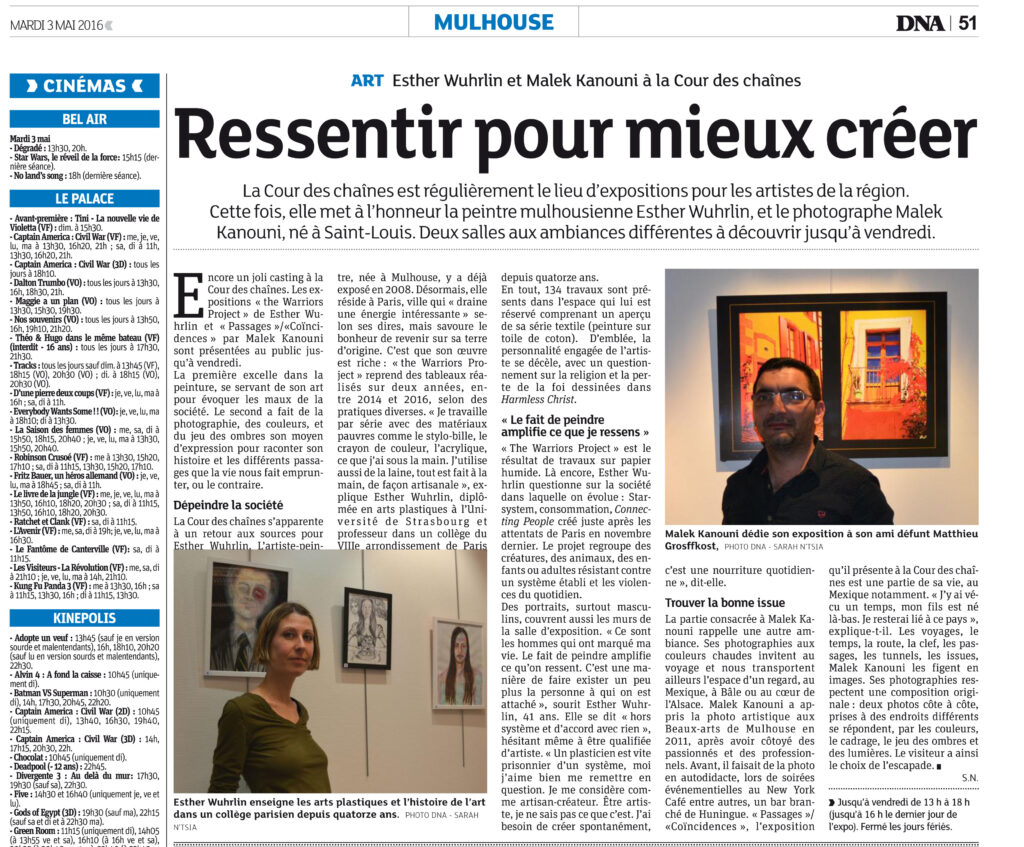 Article Journal DNA Mulhouse pour l'exposition de Malek Kanouni à Mulhouse