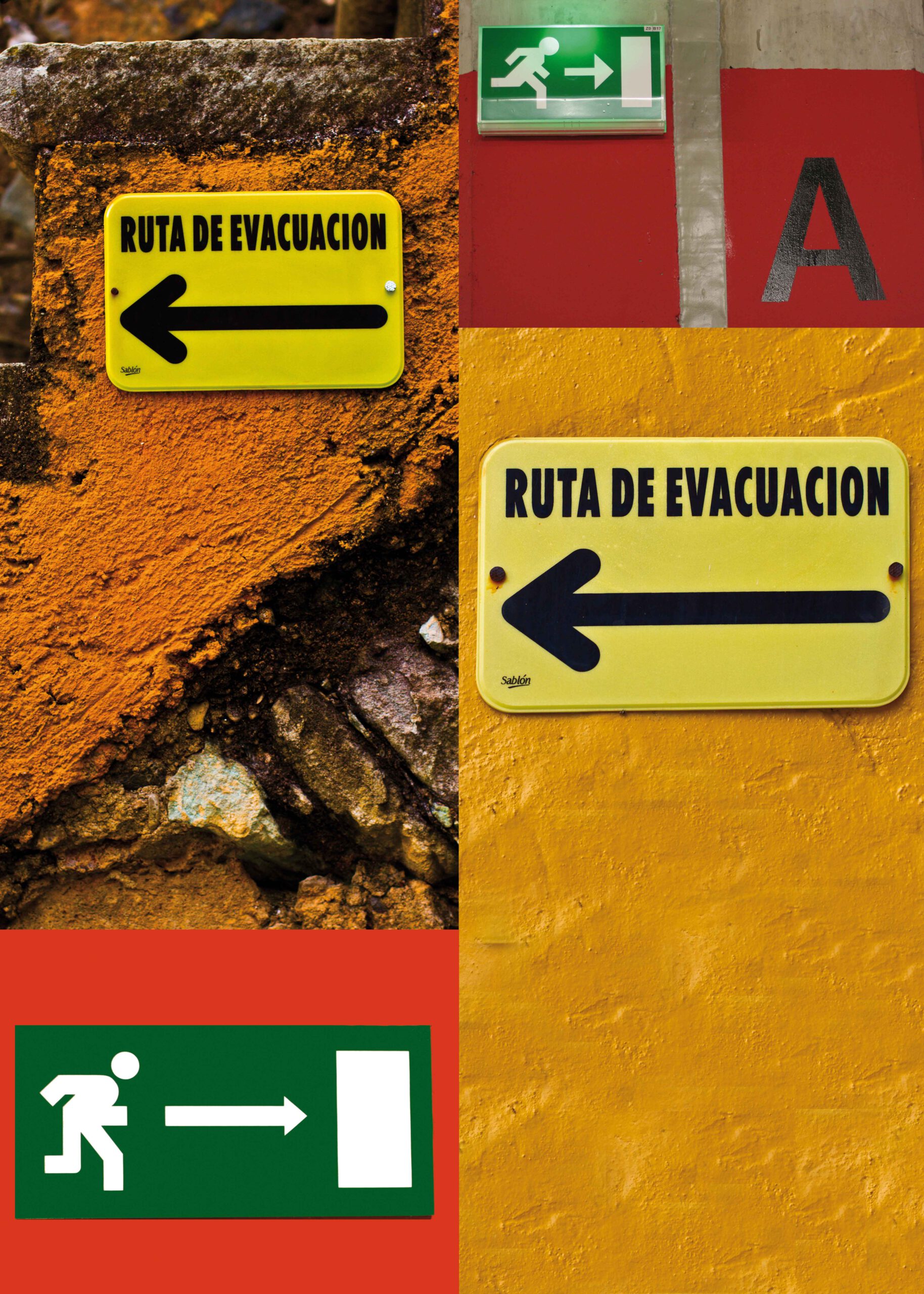 4 ruta de evacuacion photo en couleur teintes chaude avec un panneau ou il est ecrit RUTA DE EVACUATION avec une fleche vers la gauche et une affiche evacuation de secours qui montre un sense opposé